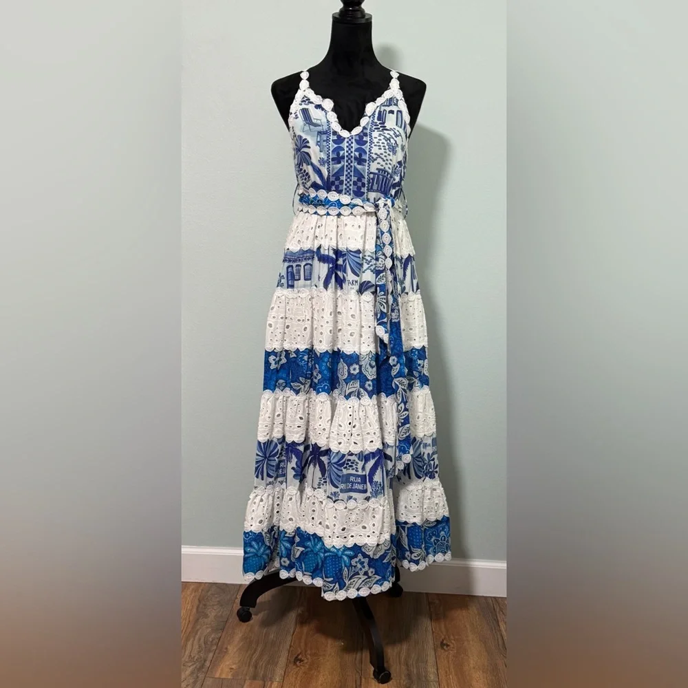 NWT FARM RIO Women’s White and Blue Prints Maxi Dress - XS